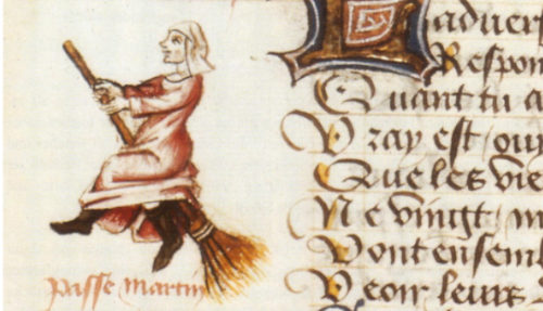 Zeichnung einer Hexe auf einem Besen aus einer alten Handschrift
